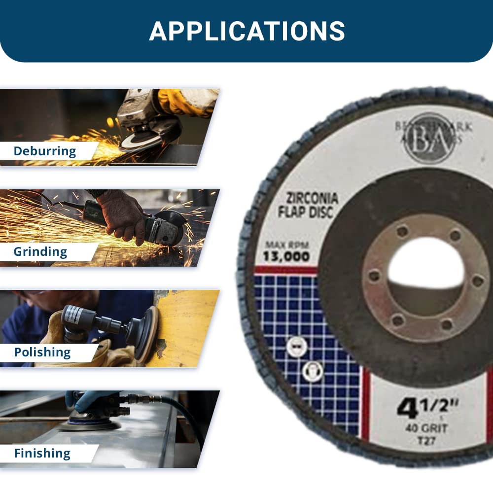 Benchmark Abrasives 4.5" x 7/8" Zirconia T27 Flat Flap Discs, 40 Grit, 10-Pack, Angle Grinder Sanding & Finishing Wheels