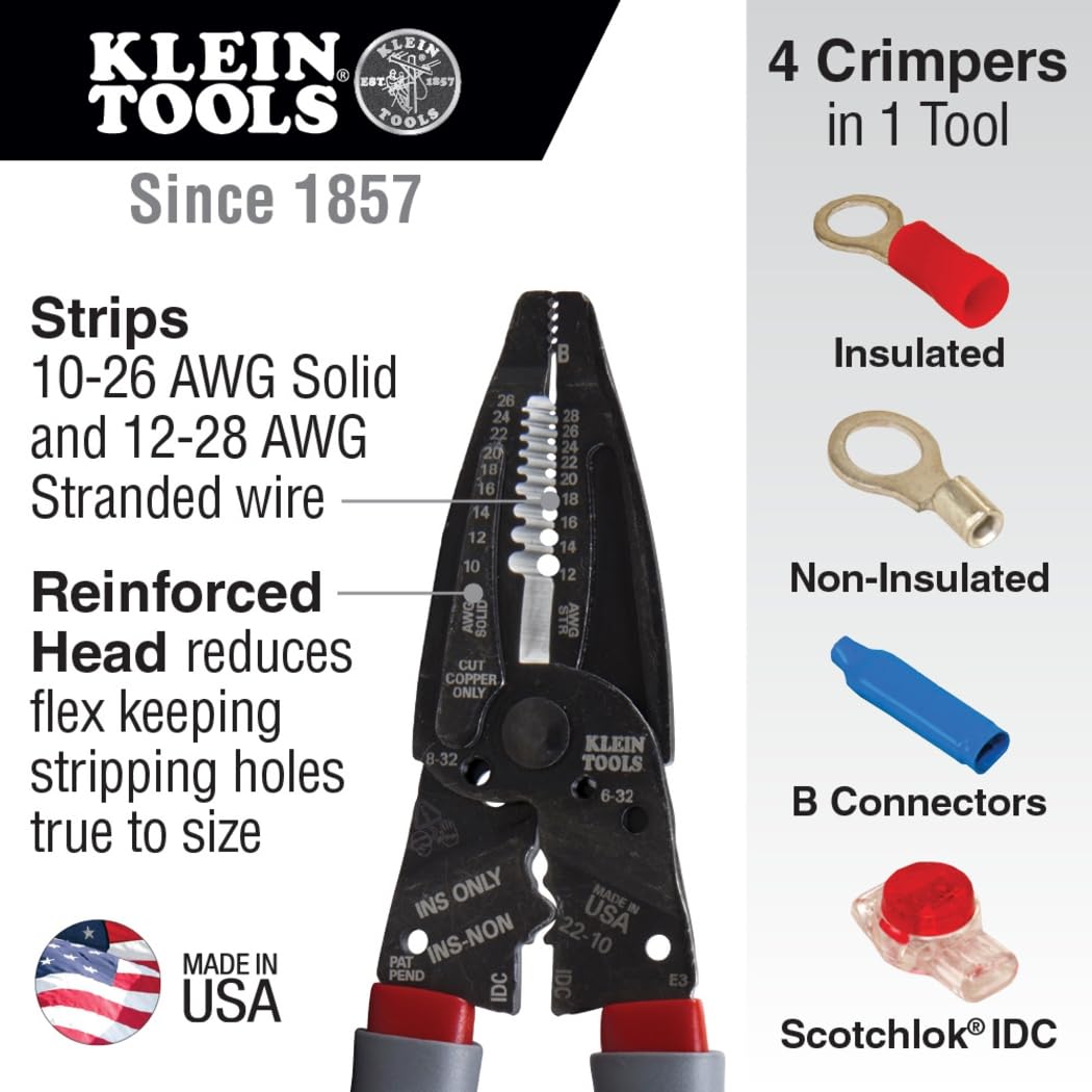 Klein Tools 1019 Klein-Kurve Wire Stripper, Crimper & Cutter – Made in USA, Strips, Cuts & Crimps B/IDC Connectors & Terminals