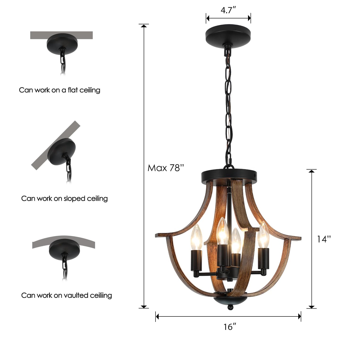 LAMPKEDUO Farmhouse Pendant Light, 4-Light Rustic Flush Mount Ceiling Fixture, Faux Wood Vintage Chandelier for Dining Room Kitchen