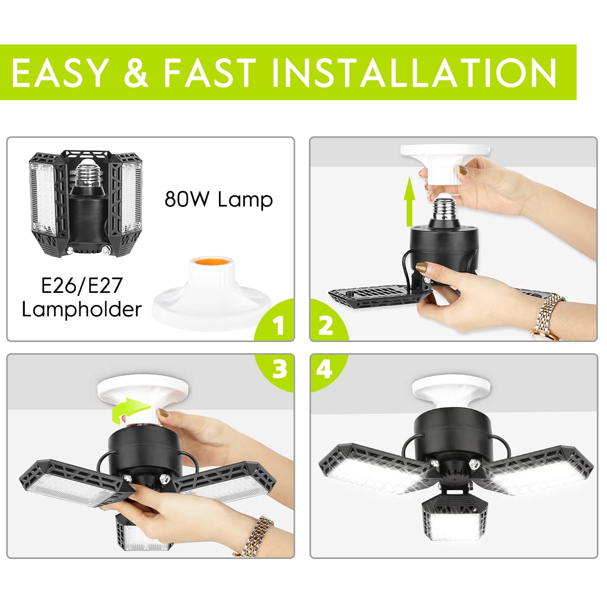 4 Pack LED Garage Lights, 60W Deformable Ceiling Light 8000LM E26 with 3 Adjustable Panels for Garage, Workshop, Warehouse & Barn