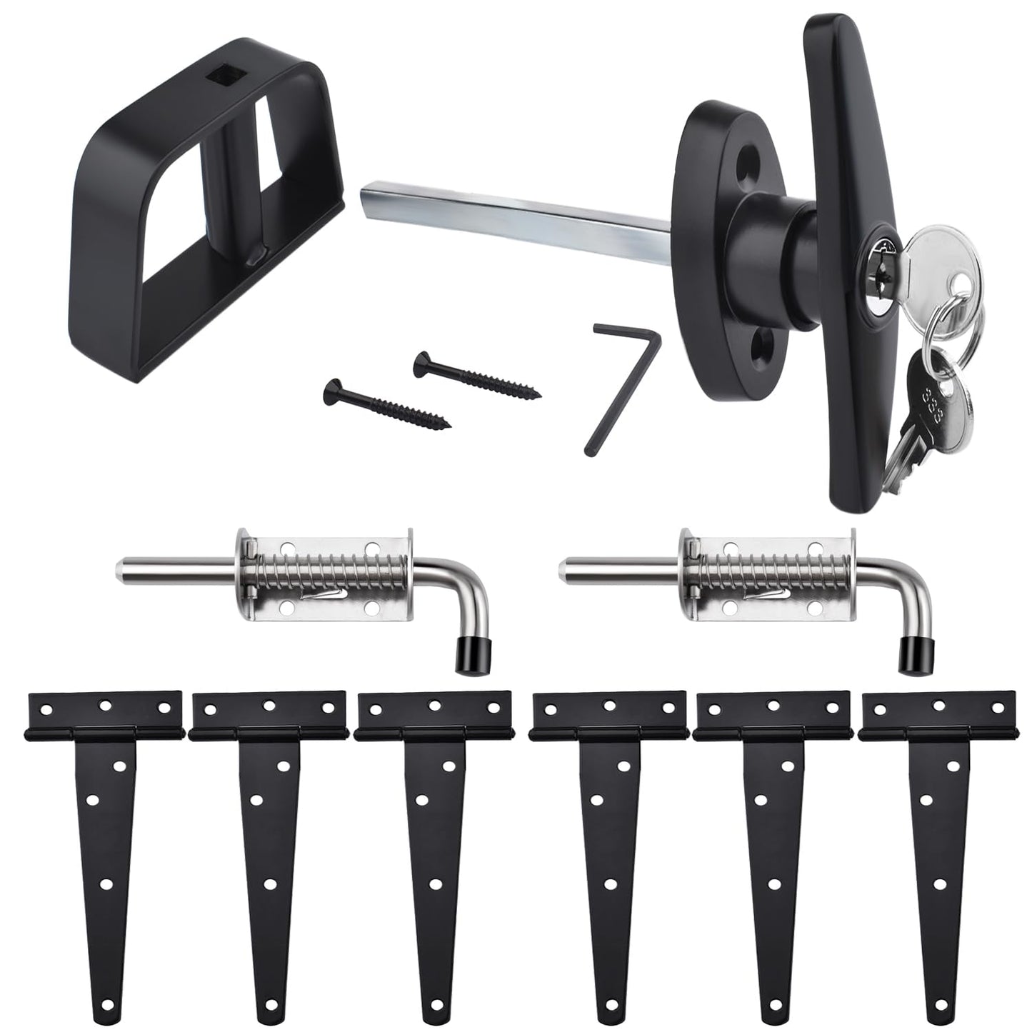 Shed Door Hardware Kit- Includes Hinges, Latches, and T-Handle Lock, Door and Window Hinge Set for Shed, Gate, Barn, Playhouse, Chicken Coop and More