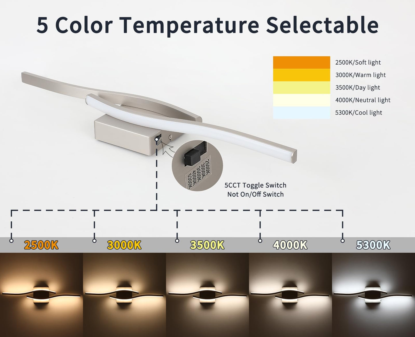 Joossnwell 23" Brushed Nickel LED Bathroom Vanity Light, 5CCT Dimmable Modern Wall Fixture Over Mirror