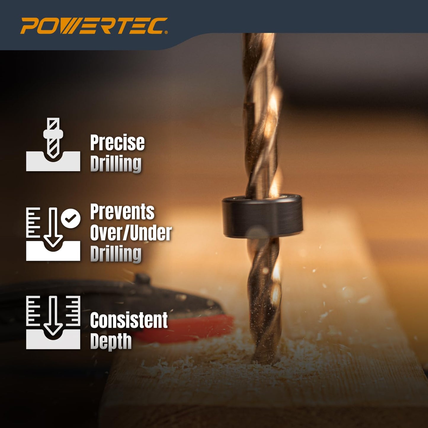 POWERTEC 7-Piece Drill Bit Stop Collar Kit, Metric Sizes 3-12mm, Adjustable Depth with M4 Allen Wrench (71492)