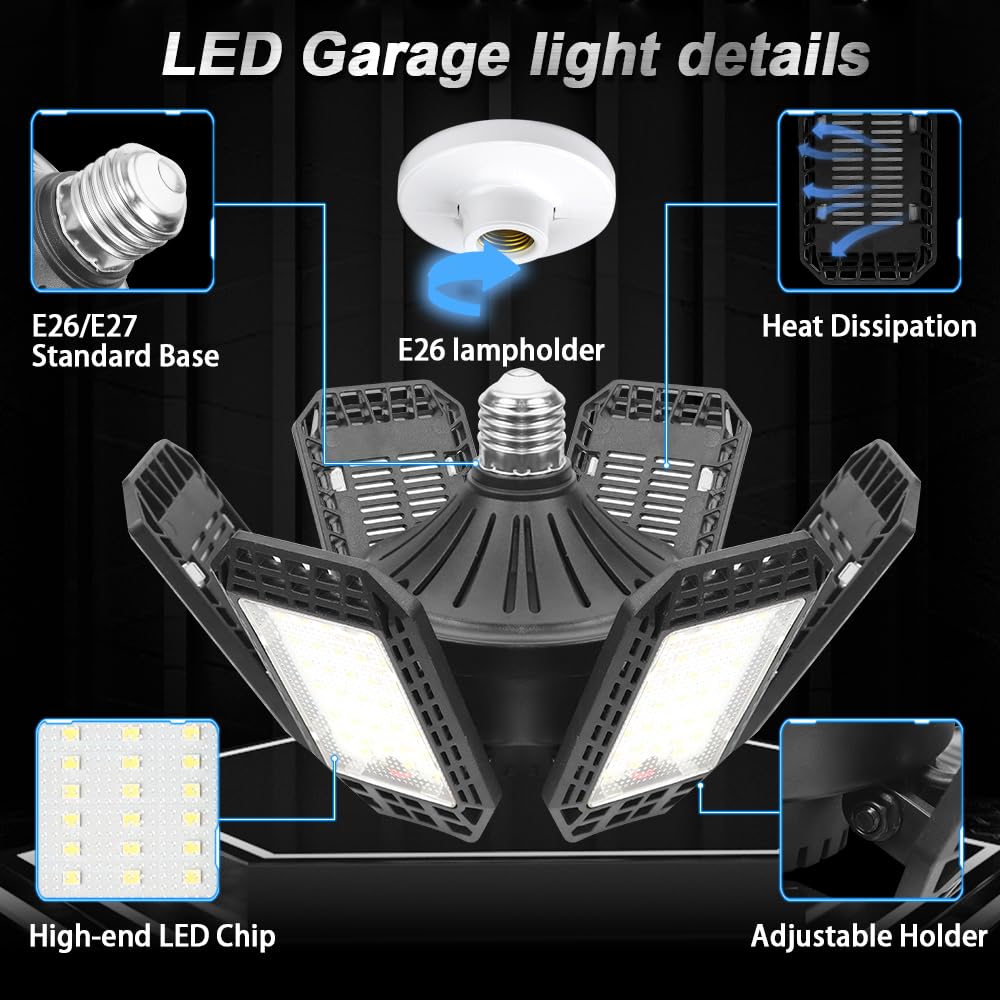 AUDLES 2 Pack 200W 20000LM LED Garage Lights, 6500K Deformable 6+1 Panels, E26/E27 Bulb for Workshop, Basement, Warehouse, Barn
