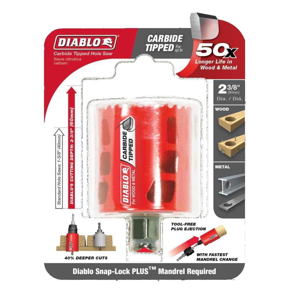 Diablo 2-3/8" Carbide Teeth Hole Saw for Wood & Metal, Snap-Lock Plus Mandrel, Tool-Free Plug Ejection DHS2375CT