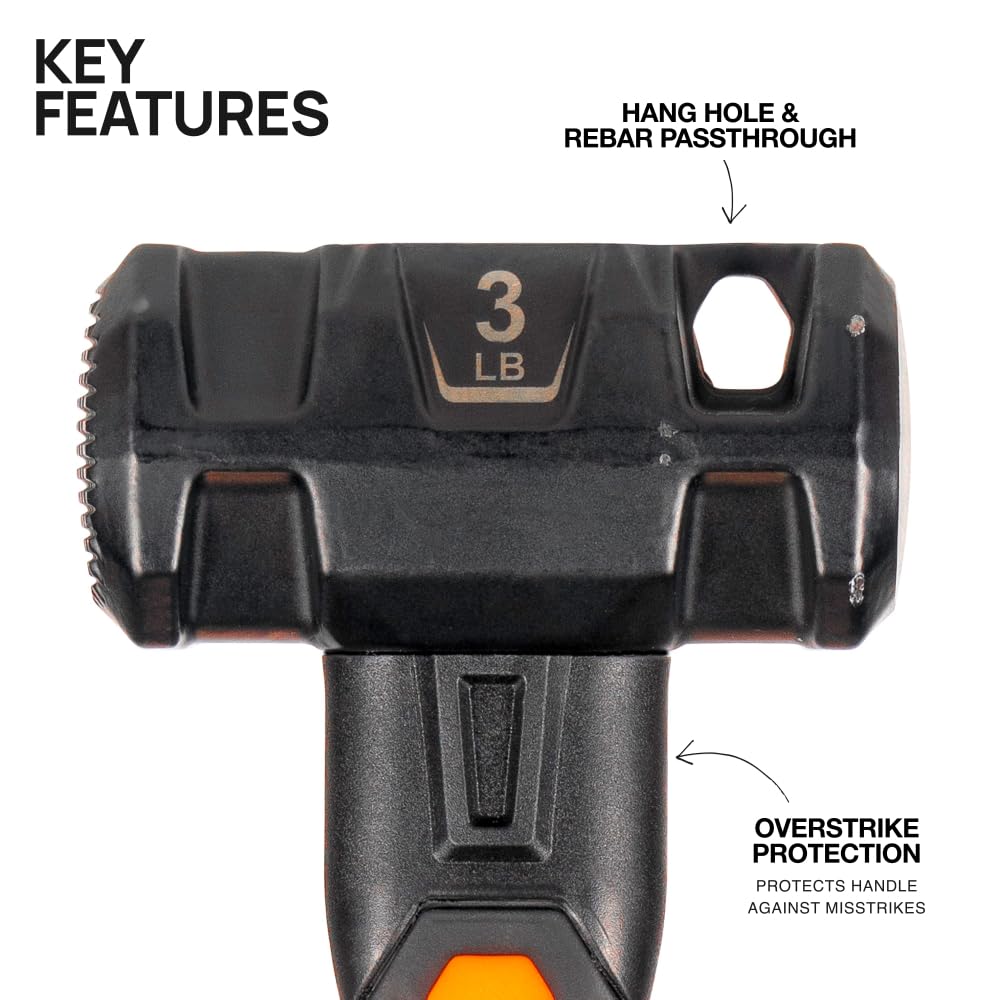 Klein Tools H80693 3 lb Sledge Hammer, Dual-Faced Head, Fiberglass Shock-Resistant Handle, Lanyard Hole, Demolition & Striking Tool