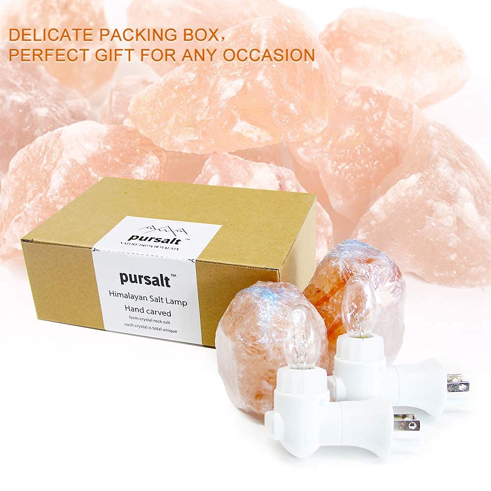 Pursalt 2-Pack Himalayan Salt Lamp Night Light, 360° Rotatable Wall Plug, Handcrafted Pink Crystal Rock, Includes 4 Replacement Bulbs