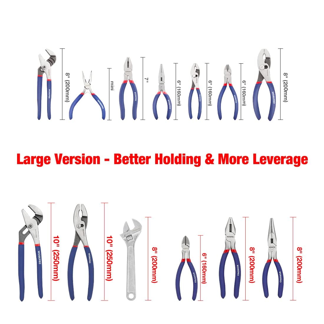 WORKPRO 6-Piece Large Pliers & Wrench Set, 10" Water Pump & Slip Joint, Linesman, Long Nose, Diagonal & Adjustable Wrench for DIY/Home Use