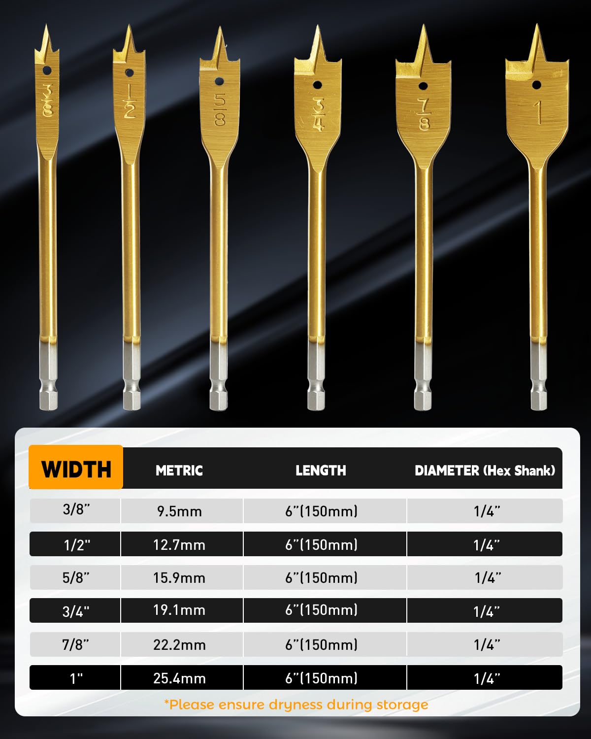COMOWARE Spade Drill Bit Set- Paddle Flat Bits, Hole Cutter, Titanium Coating, Carbon Steel, Woodworking, 6-Pieces, 3/8"-1"