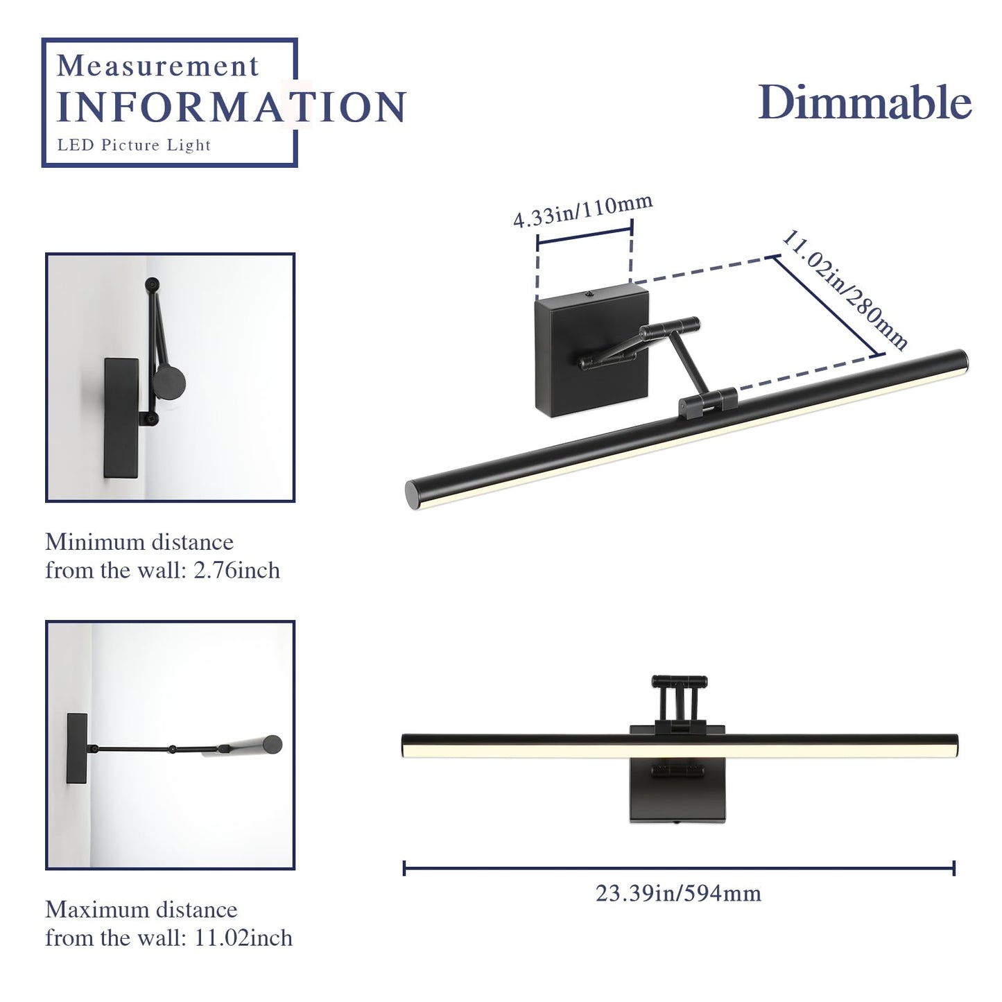 Joossnwell 23.6" Dimmable Black Picture Light for Paintings, Hard-Wired with Adjustable Swing Arm, Warm White Gallery & Museum Lamp