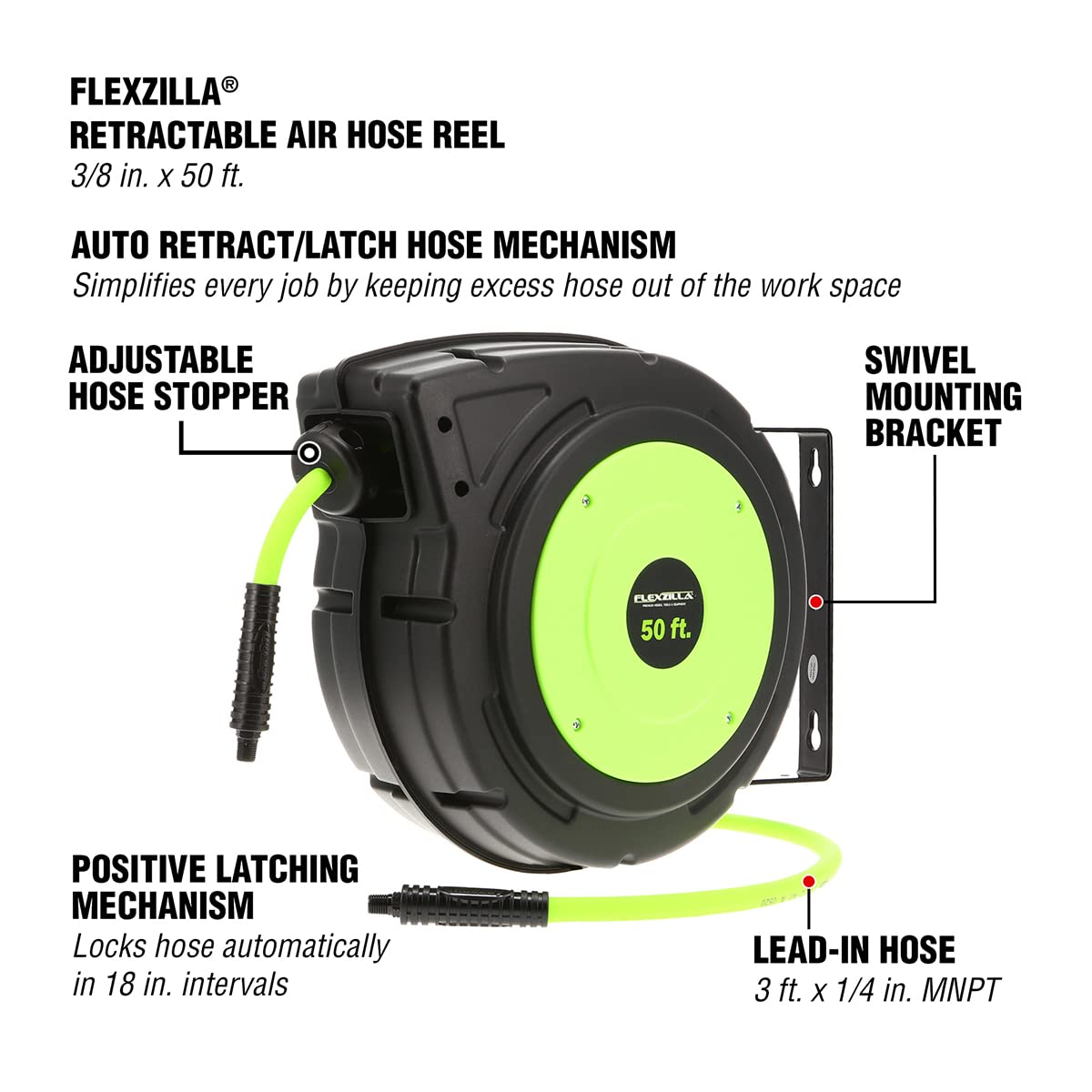 Flexzilla Retractable Enclosed Plastic Air Hose Reel, 3/8 in. x 50 ft., Heavy Duty, Lightweight, Hybrid, ZillaGreen - L8250FZ