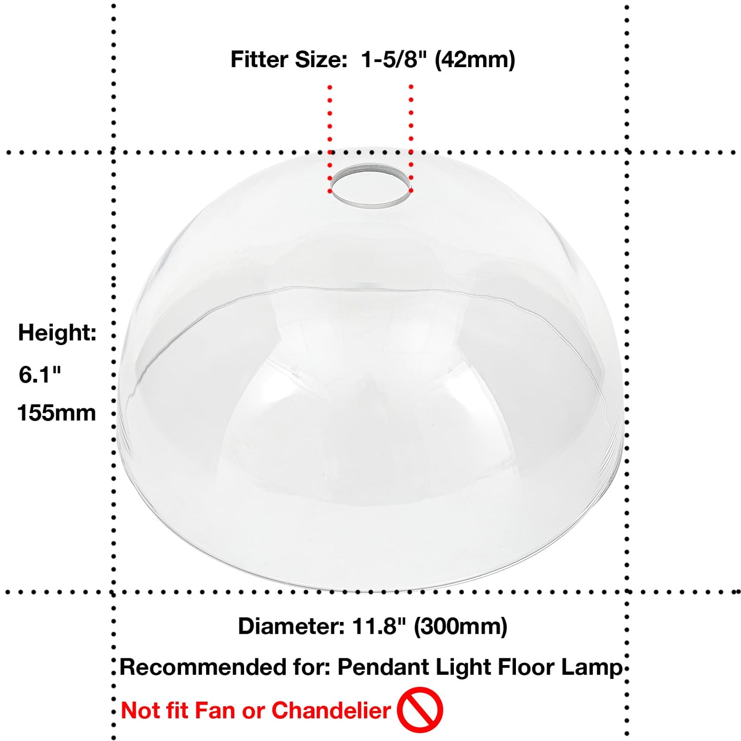 Euzhilumi Bowl Glass Lamp Shade Replacement, 1-5/8 inch Fitter, 11.8" Diameter, 6.1" Height, Clear Glass Globe Cover