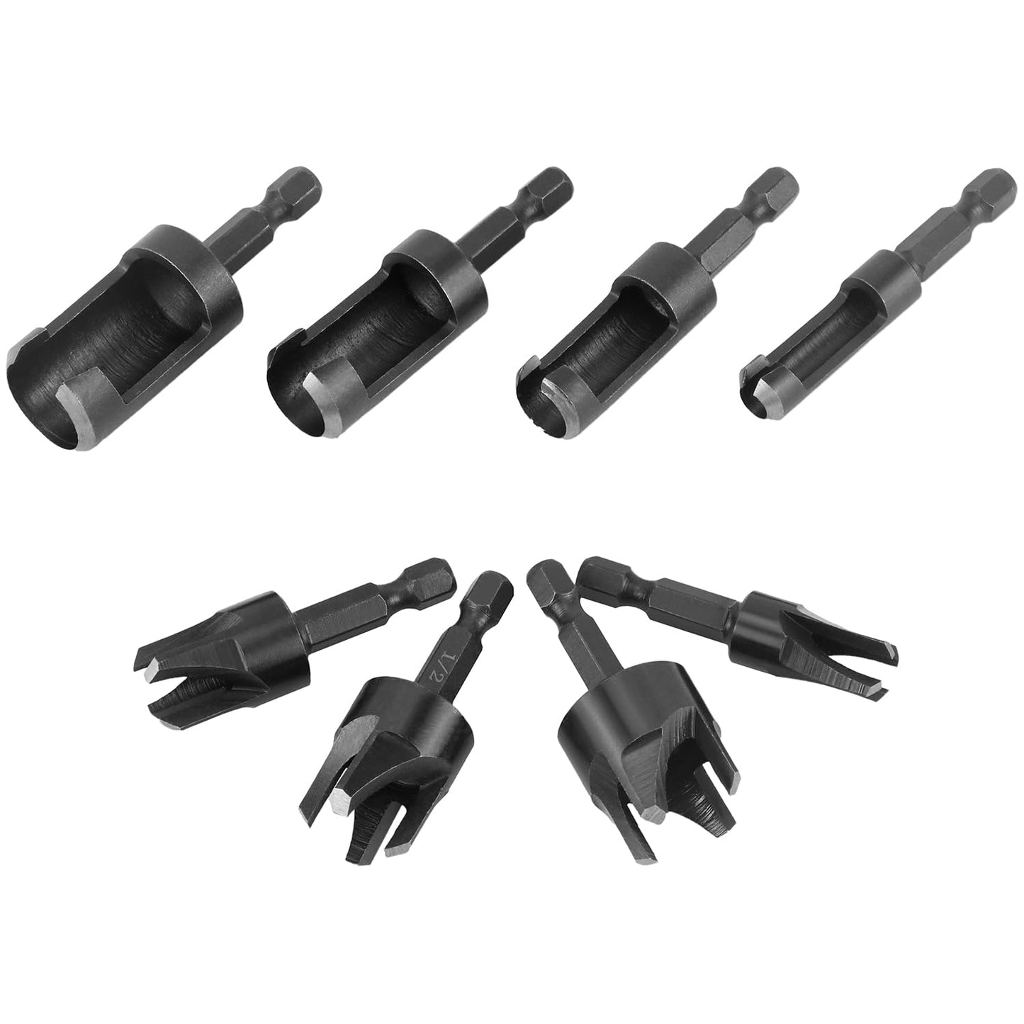 QWORK Wood Plug Cutter Drill Bit Set, 8Pcs, Includes 1/4", 5/16", 3/8", 1/2" Sizes, 1/4 Inch Hex Shank