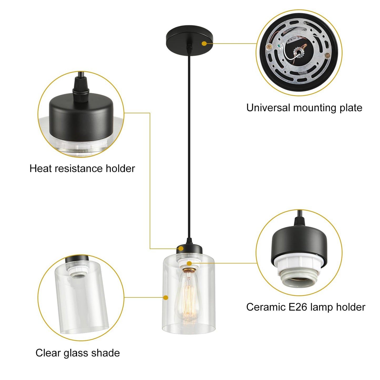 CAFULAM Modern Black Farmhouse Pendant Light with Glass Shade, Industrial Adjustable Hanging Ceiling Light Fixture