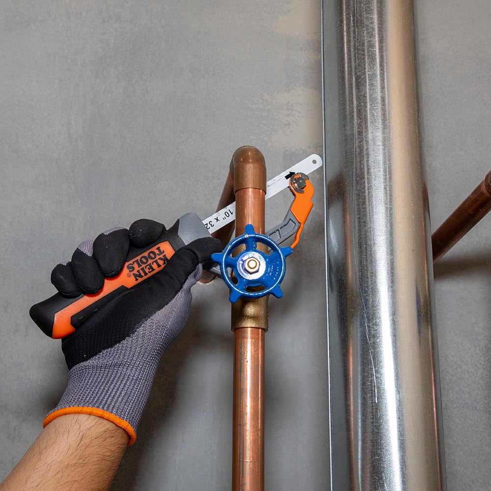 Klein Tools 31432FC Mini Finish-Cut Hacksaw, 10-Inch 32 TPI Bi-Metal Blade Hand Saw, Cuts Plastic, Wood, and Thin-Wall Metal in Tight Spaces