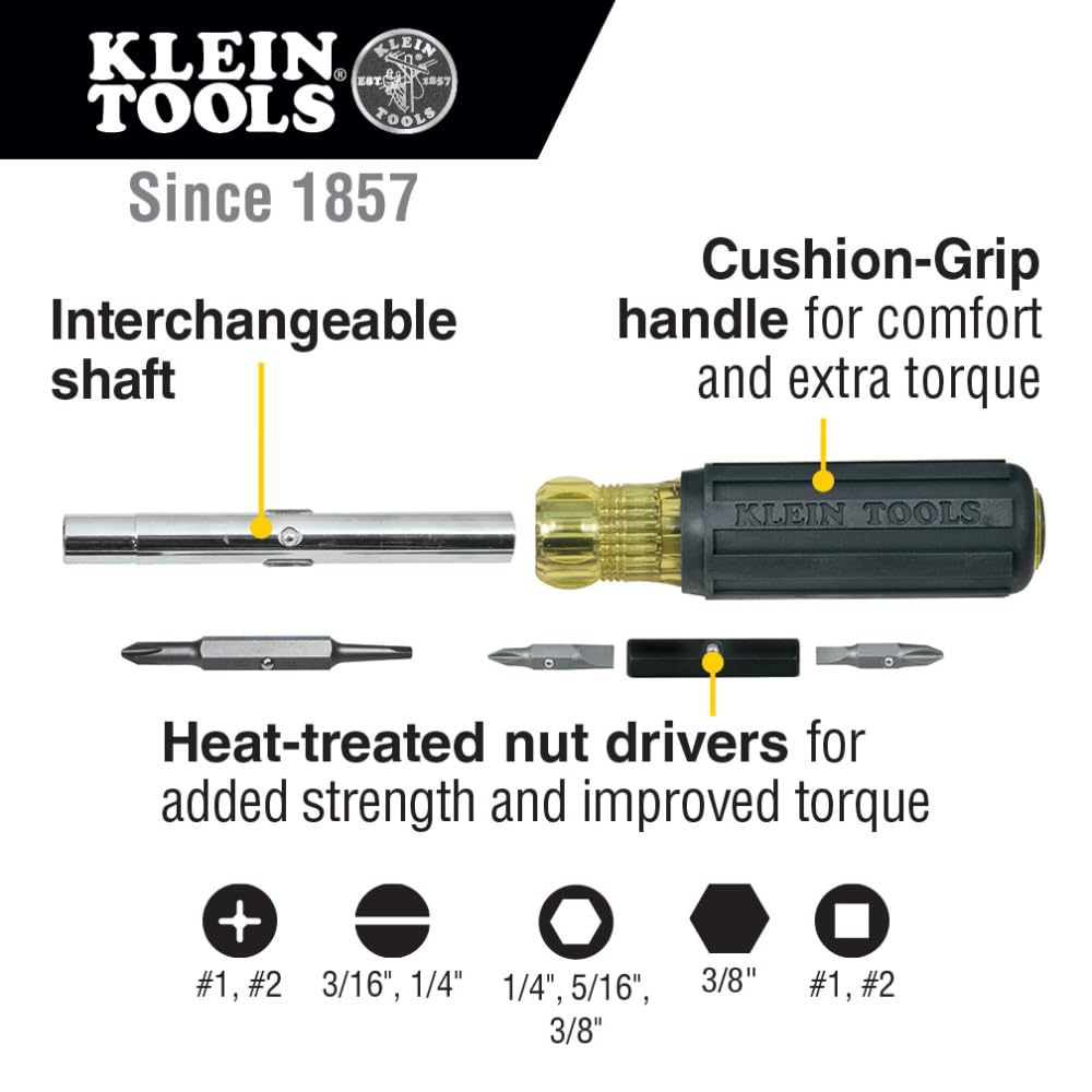 Klein Tools 32557 Multi-Bit Screwdriver/Nut Driver, Heavy Duty 10-in-1 with Interchangable Shafts and Ph, Sl, Sq, Hex Bits and Nut Drivers