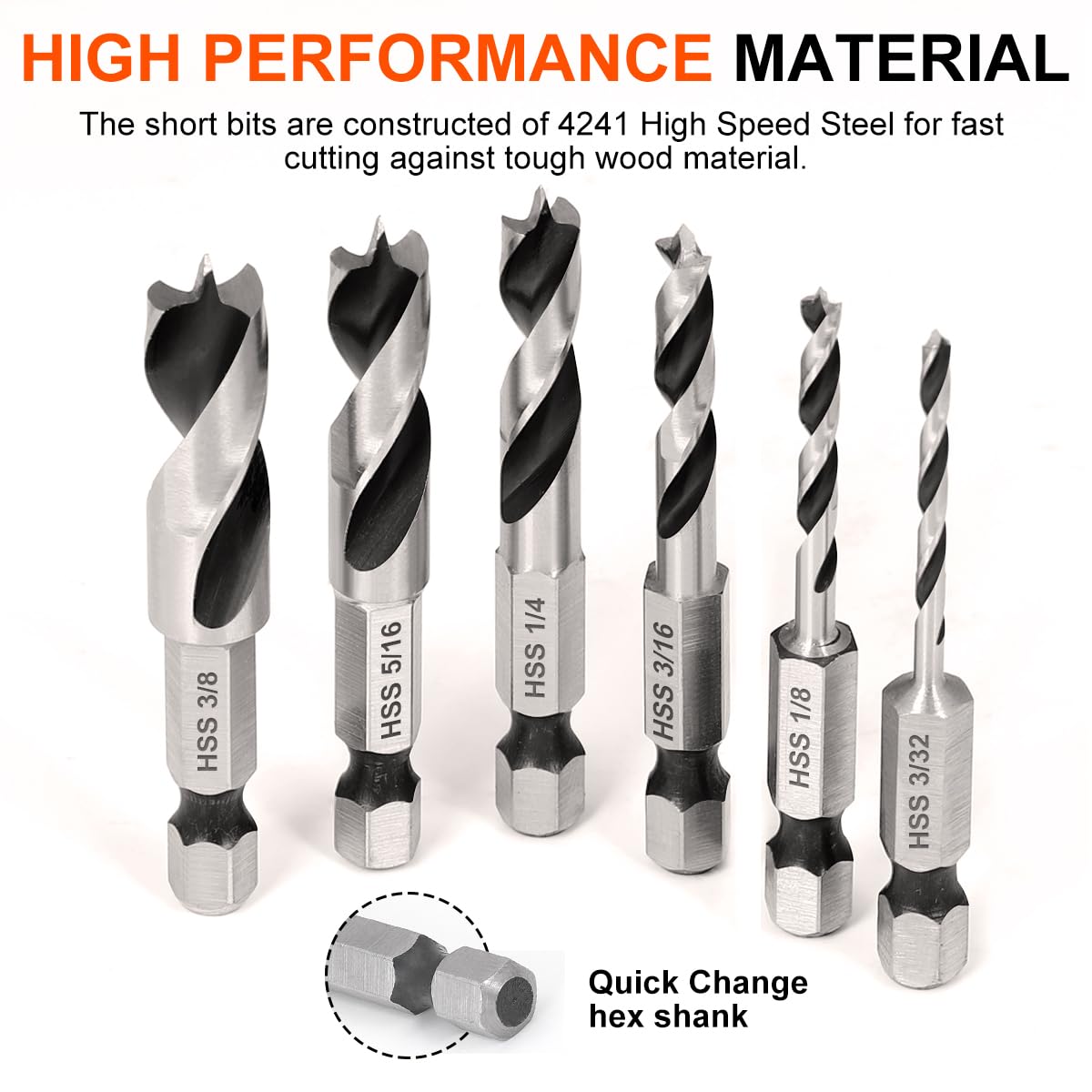 COMOWARE Brad Point Stubby Drill Bit Set for Wood, Short Length Drill Bit Set 6pcs HSS 4241 Steel with 1/4-Inch Quick Change Hex Shank