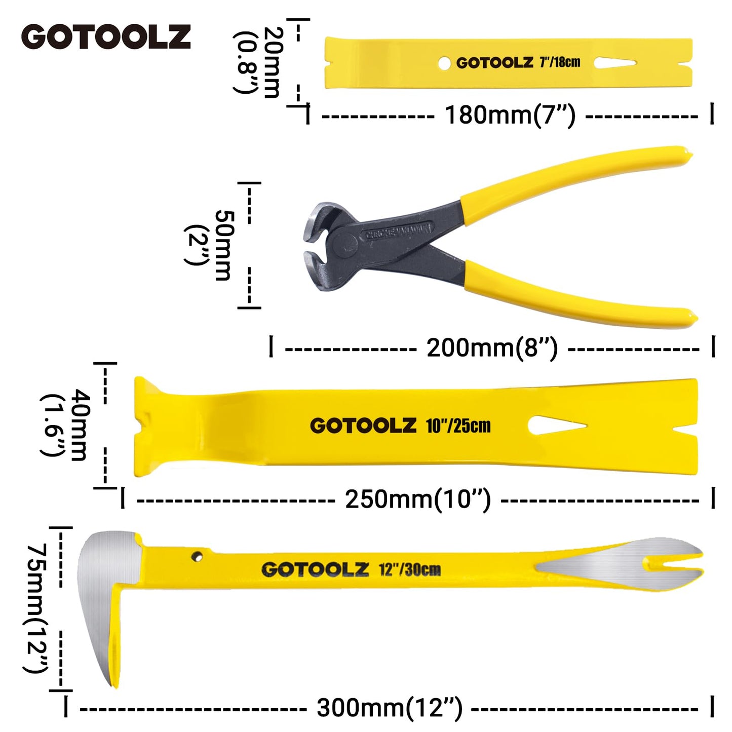 4-Piece Pry Bar & Nail Removal Tool Set – 12” Claw Pry Bar, 10” & 7.5” Flat Crowbars, 8” End Cutting Pliers for Baseboard & Floor Nails