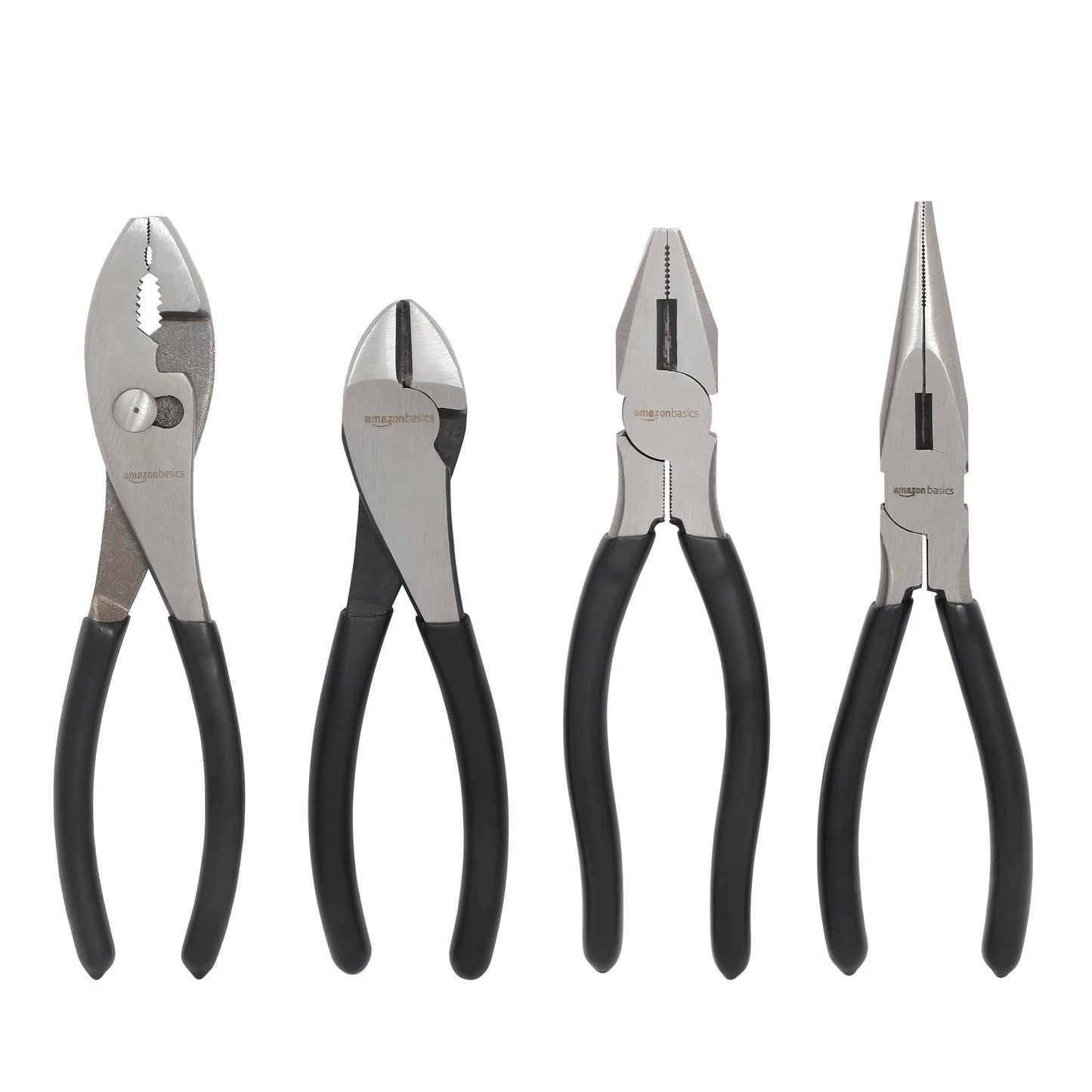 Amazon Basics Pliers Set, Hand Tools for Precision, Set of 4, Black and Silver