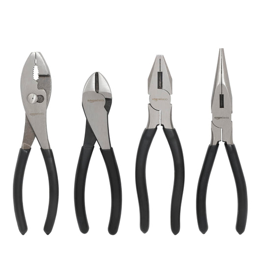 Amazon Basics Pliers Set, Hand Tools for Precision, Set of 4, Black and Silver