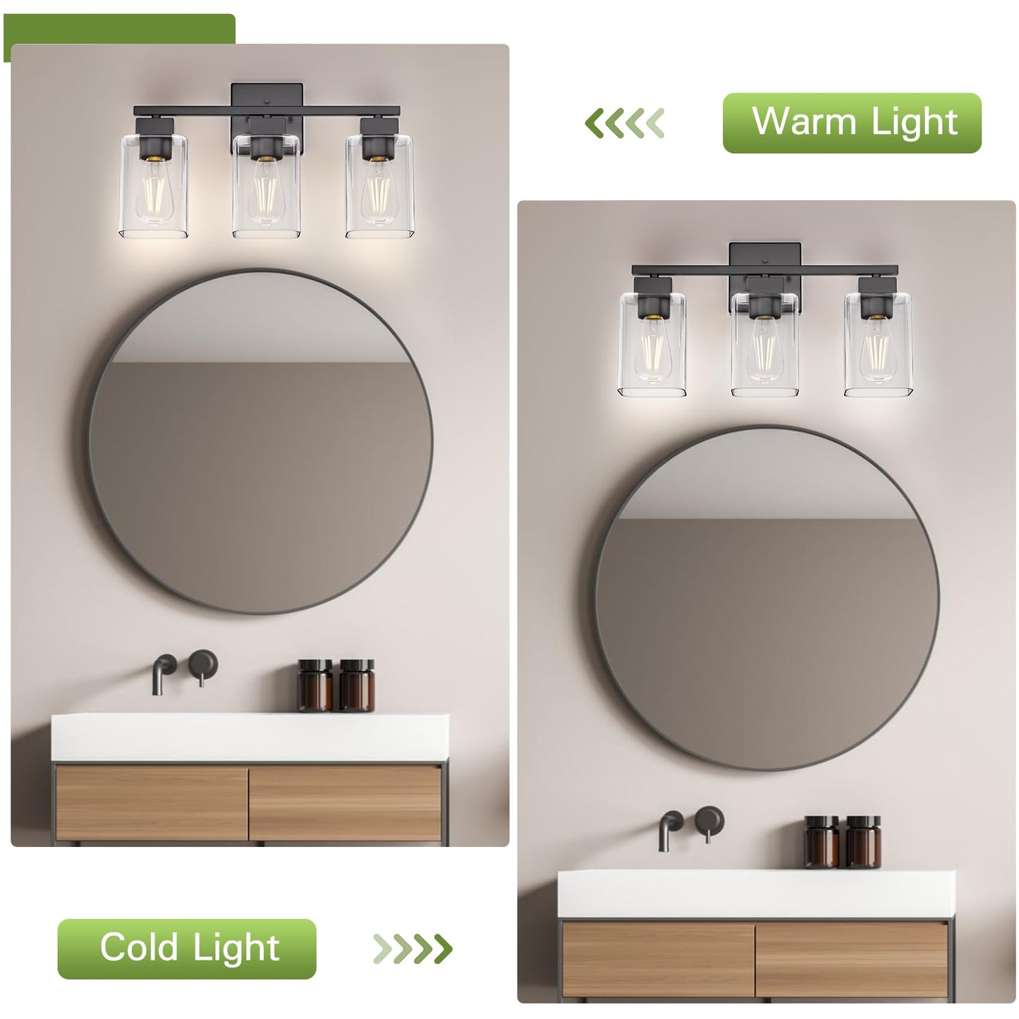 Espird Matte Black 3-Light Bathroom Vanity Light, Square Wall Sconce with Clear Glass Shades, UL Certified, E26 Socket (Bulbs Not Included)