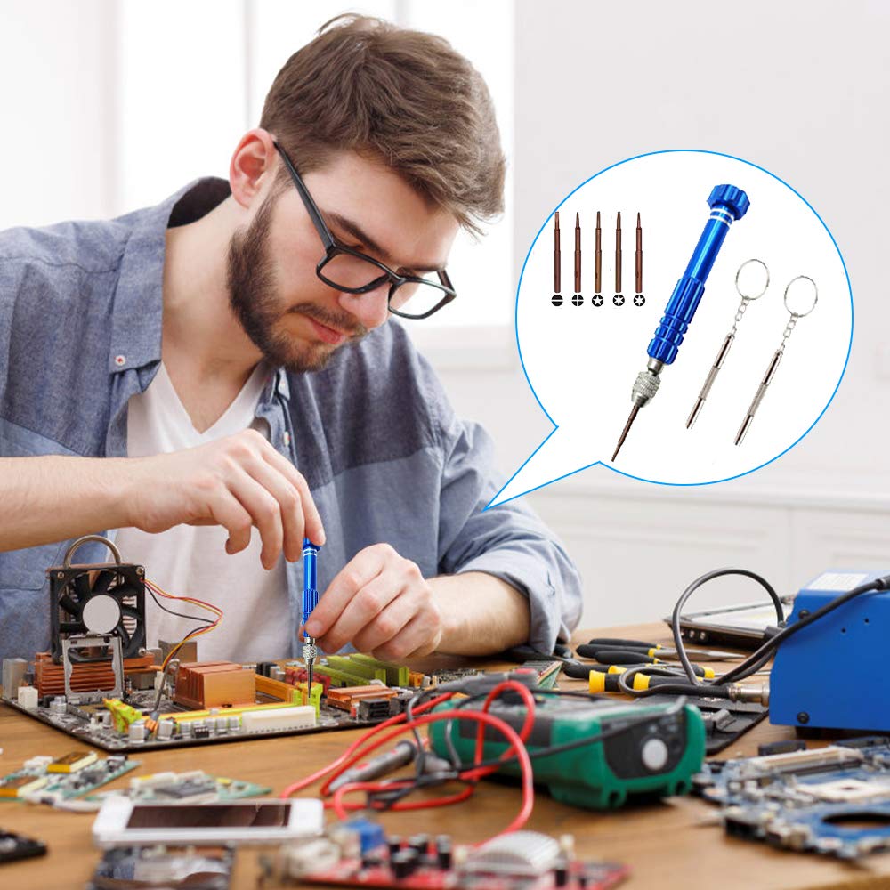 5-in-1 Eyeglass & Electronics Repair Kit – Precision Screwdrivers (T5-T6,+/-1.5,Star 0.8) with Mini Keychain for Glasses, Watches, Phones
