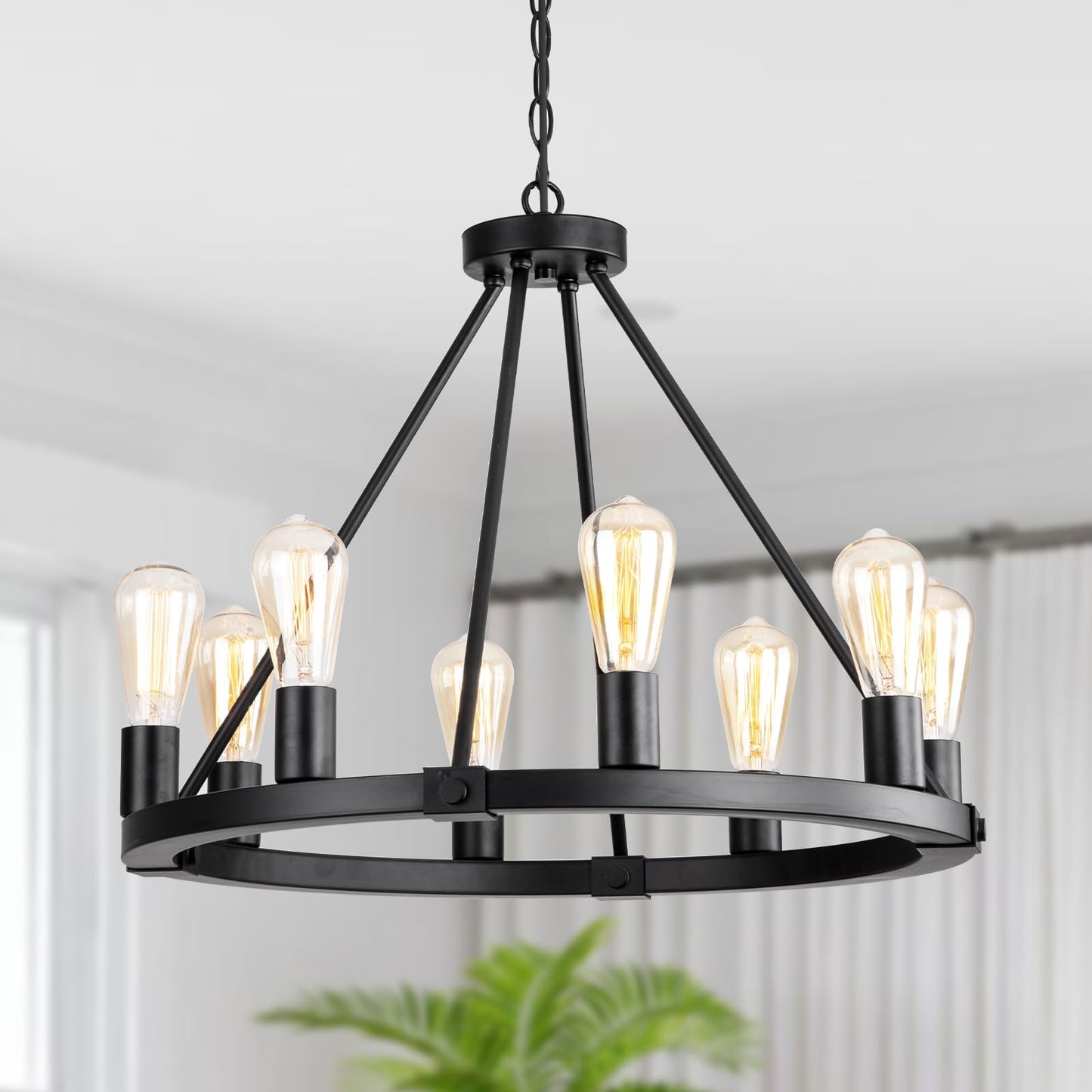 9MMML 23.6" 8-Light Wagon Wheel Chandelier, Black Industrial Vintage Pendant Light for Kitchen, Dining, Living Room, Height Adjustable