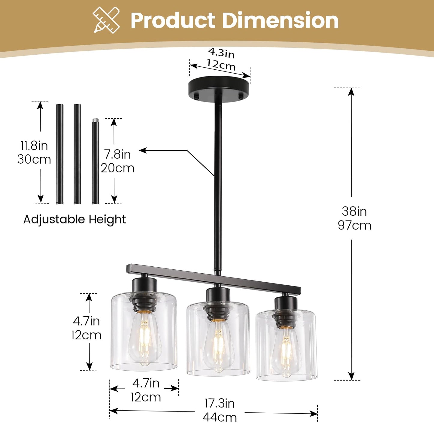 ROCUNSI 3-Light Kitchen Island Pendant Light, Black Farmhouse Hanging Fixture with Clear Glass Shades, E26 Base (Bulbs Not Included)