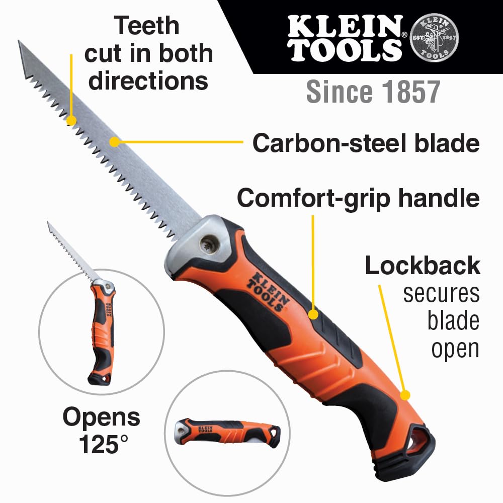 Klein Tools 31737 Folding Jab Saw / Drywall Hand Saw with Lockback at 180 and 125 Degrees and Tether Hole