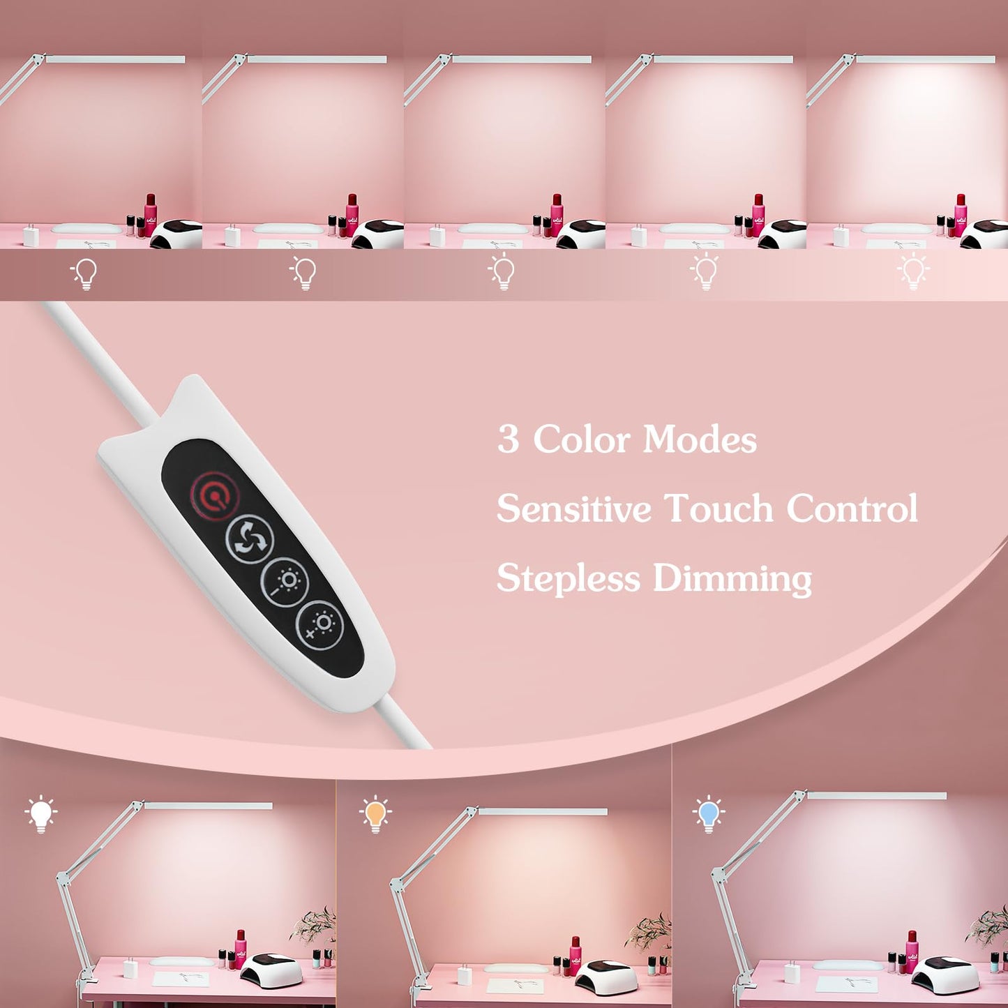 BZBRLZ LED Desk Lamp, 16” Wide Head Manicure Table Light, Dimmable Eye-Care Drafting Lamp, 3 Color Modes, 10 Brightness Levels, Memory Function, Adapter (White)