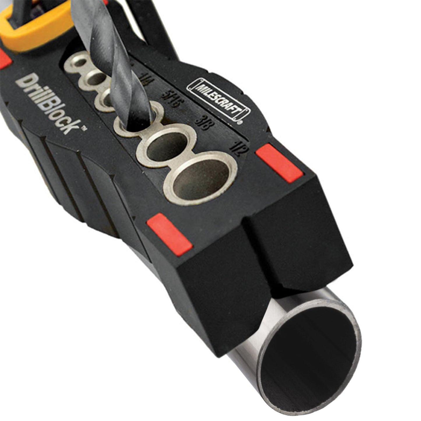 Milescraft 1312 Drill Block - Handheld Drilling Guide with Drill Jigs for 6 Common Imperial Bit Sizes, Precision Drilling Tool