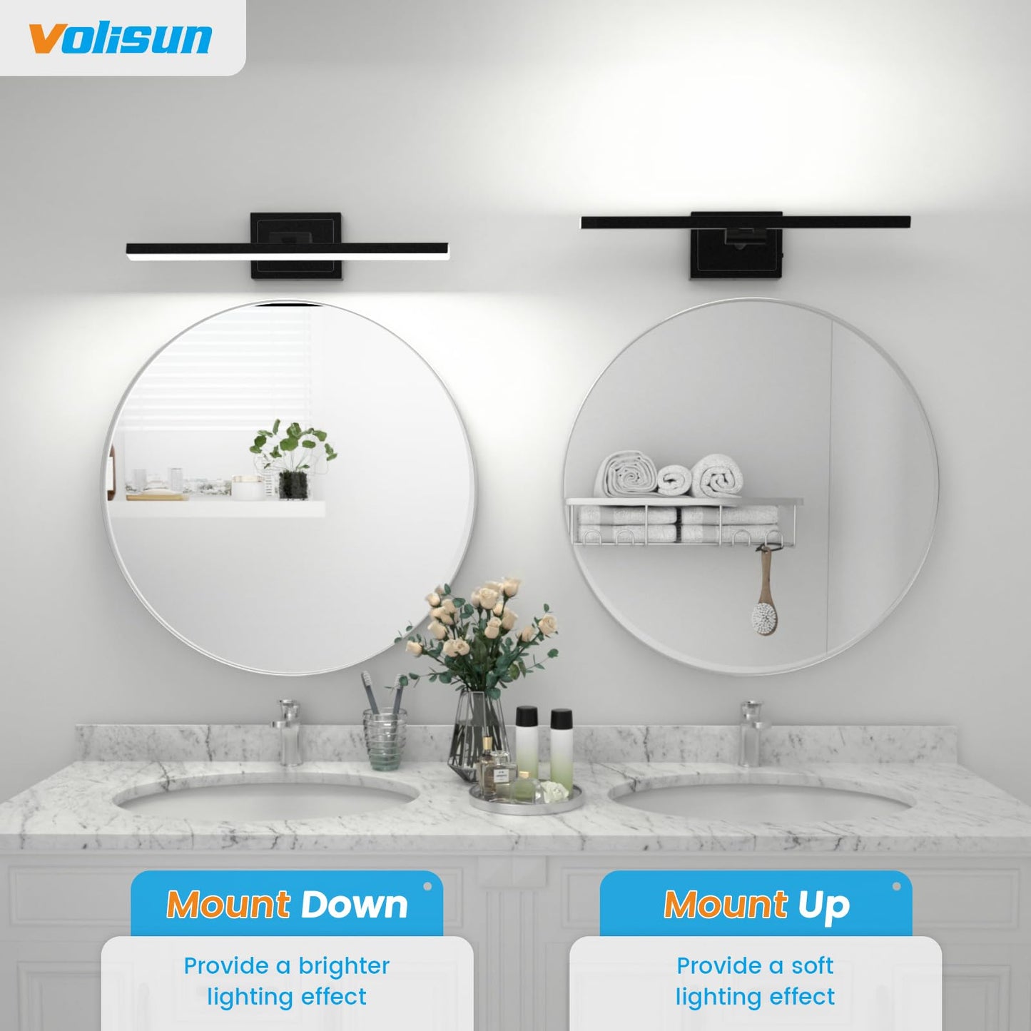 **VOLISUN 24” Modern Bathroom Vanity Light, Rotatable 14W Dimmable 5CCT LED Over Mirror Fixture, Black, ETL Certified**