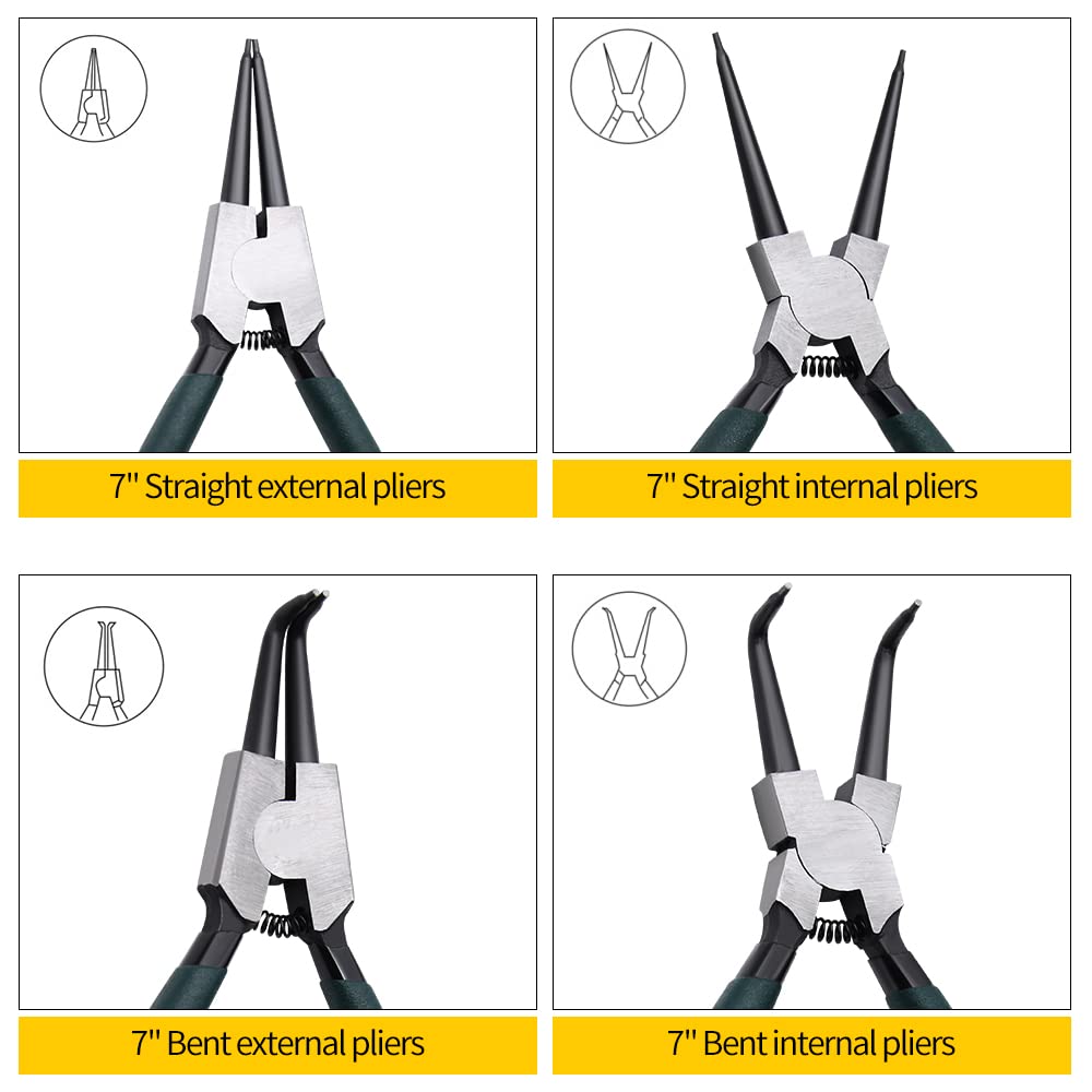 LFSEMINI 4-Piece Snap Ring Pliers Set, 7" Internal & External Circlip Pliers with Straight/Bent Jaws, Spring-Loaded Heavy-Duty Tool Kit