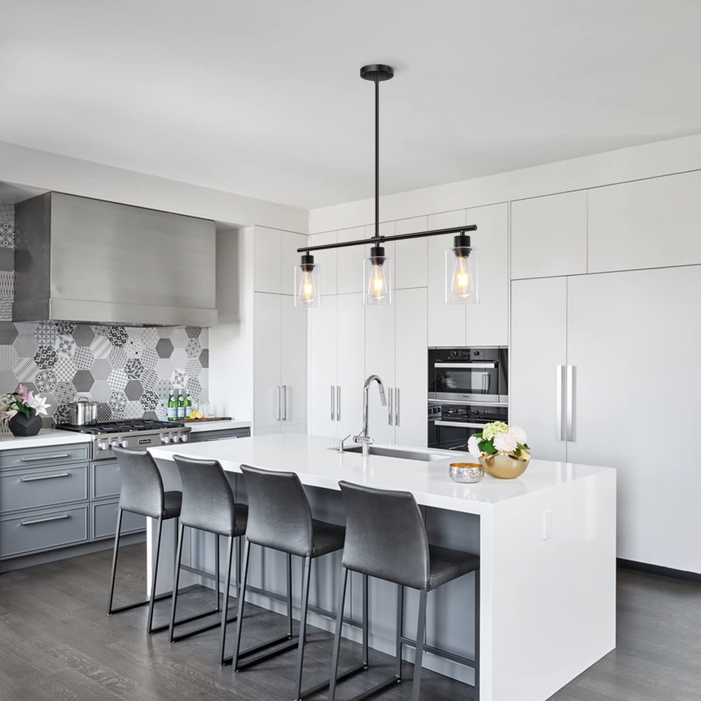 **Yarlkav Kitchen Island Lighting, 3-Light Linear Rectangle Chandelier Pendant, Farmhouse Dining Room Hanging Light with Glass Shades, Black**