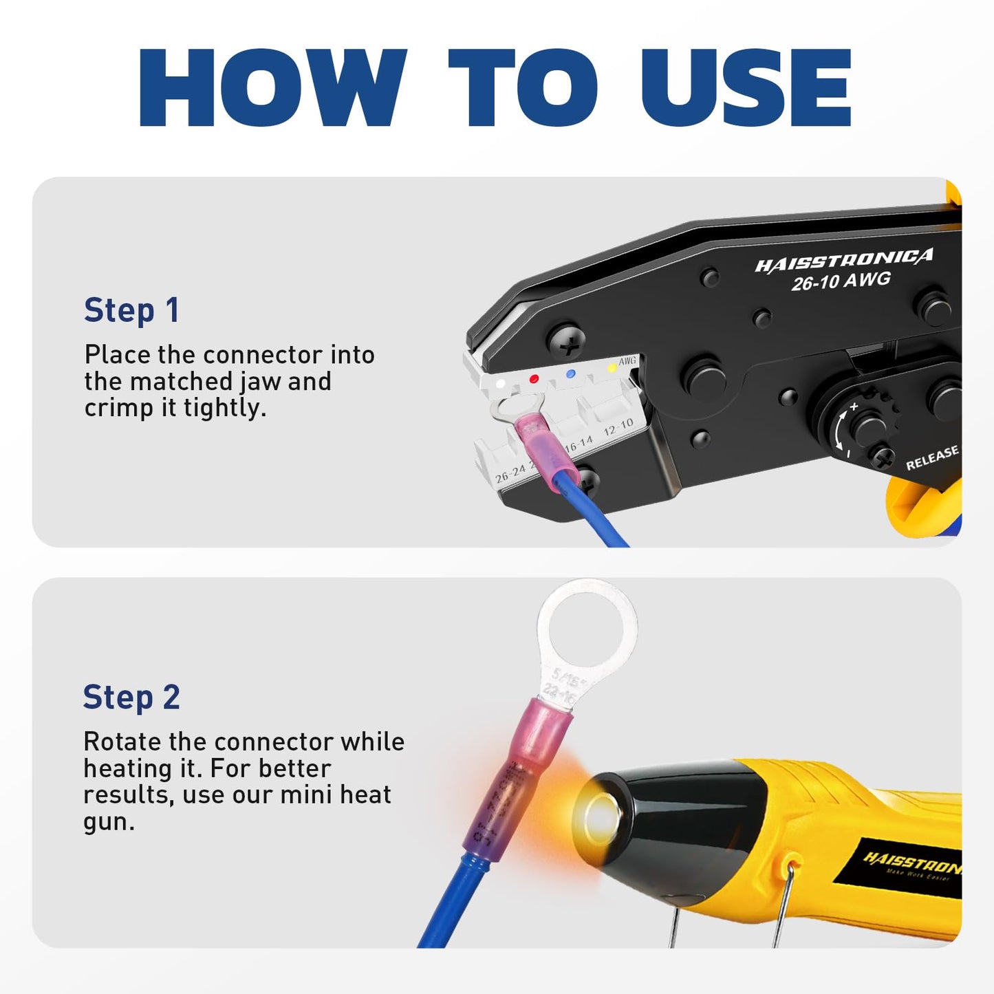 haisstronica Ratchet Crimping Tool for Heat Shrink Connectors, AWG 26-10, Insulated Nylon & Electrical Wire Terminals HS-8327