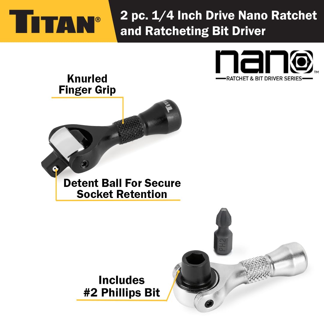Titan 11332 2-Piece 1/4-Inch Drive x 2-1/4-Inch 90-Tooth Swivel Head Nano Ratchet and Ratcheting Bit Driver Set