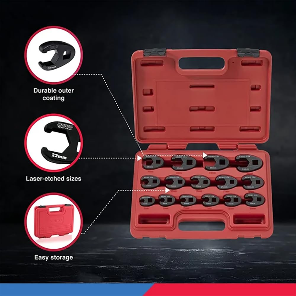 Neiko 03324A Crowfoot Wrench Set 1/2" and 3/8” Drive, 15 Piece, Metric Crows Foot Wrench Sizes 8mm-24mm, Chrome-Moly Flare Nut Wrench Set