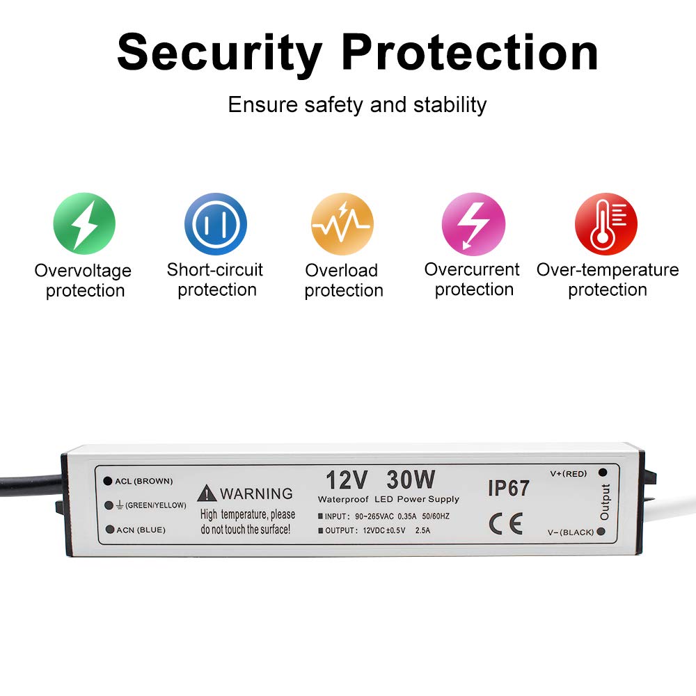 30W 12V LED Power Supply, Waterproof IP67 Driver, 110V AC to 12V DC Converter, 2.5A LED Transformer with 3-Prong Plug & 3.3ft Cable