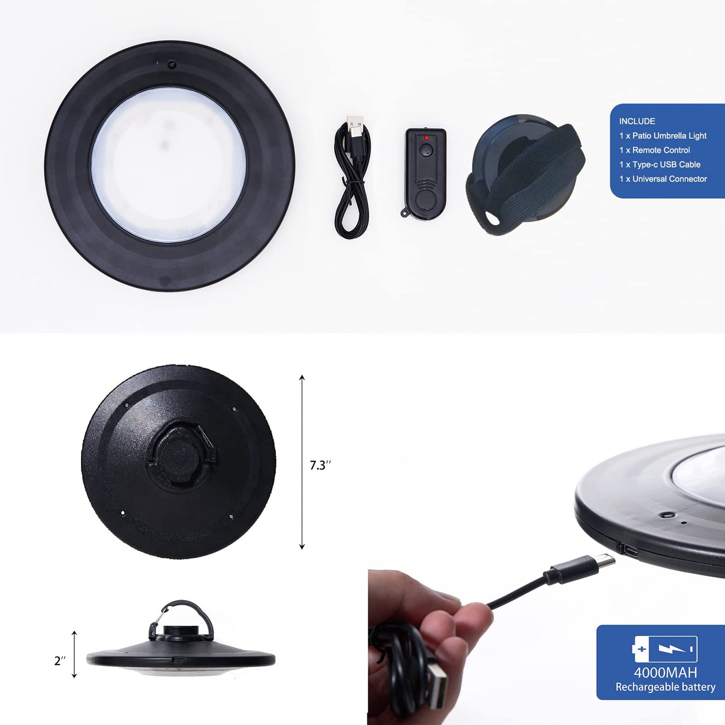 Happetite Rechargeable Umbrella Lights with Remote, 3 Brightness Modes for Offset Patio Umbrellas, Outdoor & Garden, Black