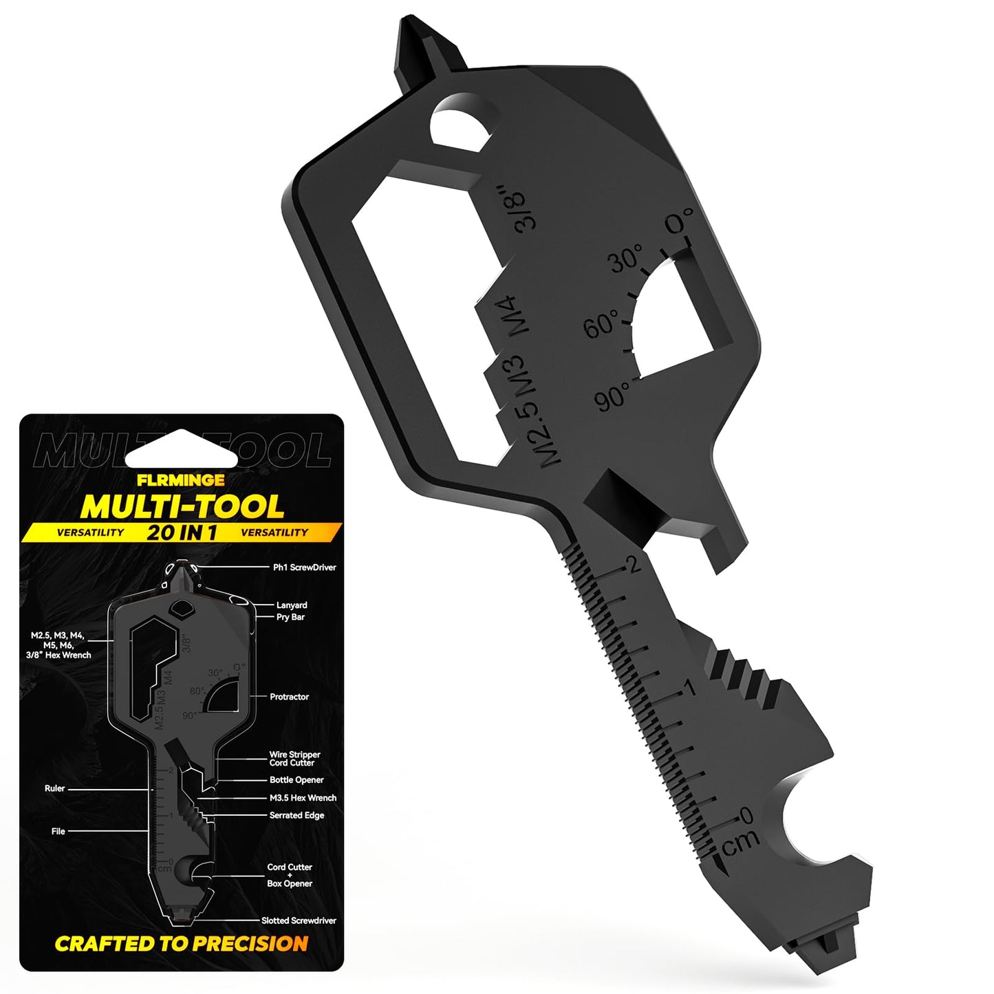 Key-Shaped Pocket Multitool 20-in-1, Stainless Steel Keychain Utility Gadget, Compact EDC Tool Gift for Men & Women (Black)