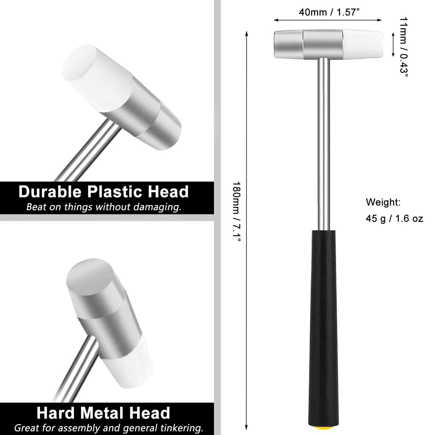 Dual Head Mini Hammer, Plastic & Metal Faces, 7" Jewelry, Craft, Woodworking, Leather, DIY, Watch, Toy & Instrument Mallet