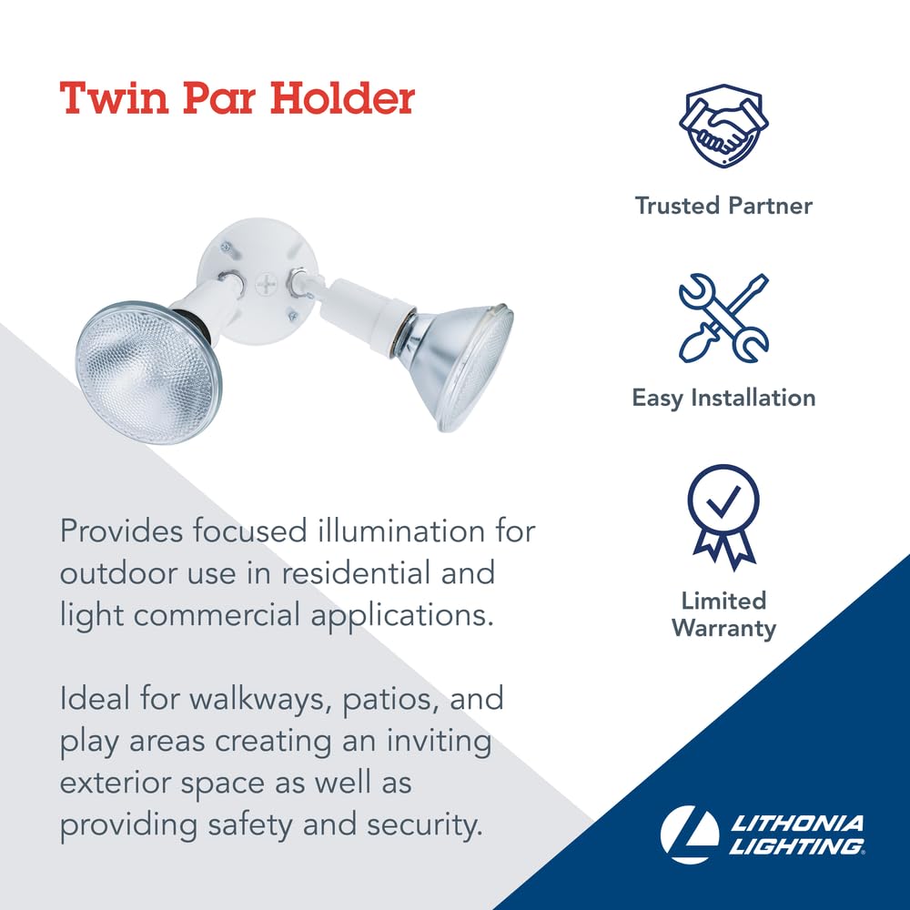 Lithonia Lighting Outdoor Twin PAR Flood Light Fixture, Adjustable Security Floodlight Holder, 120V, Dual Lamp Up to 150W, White