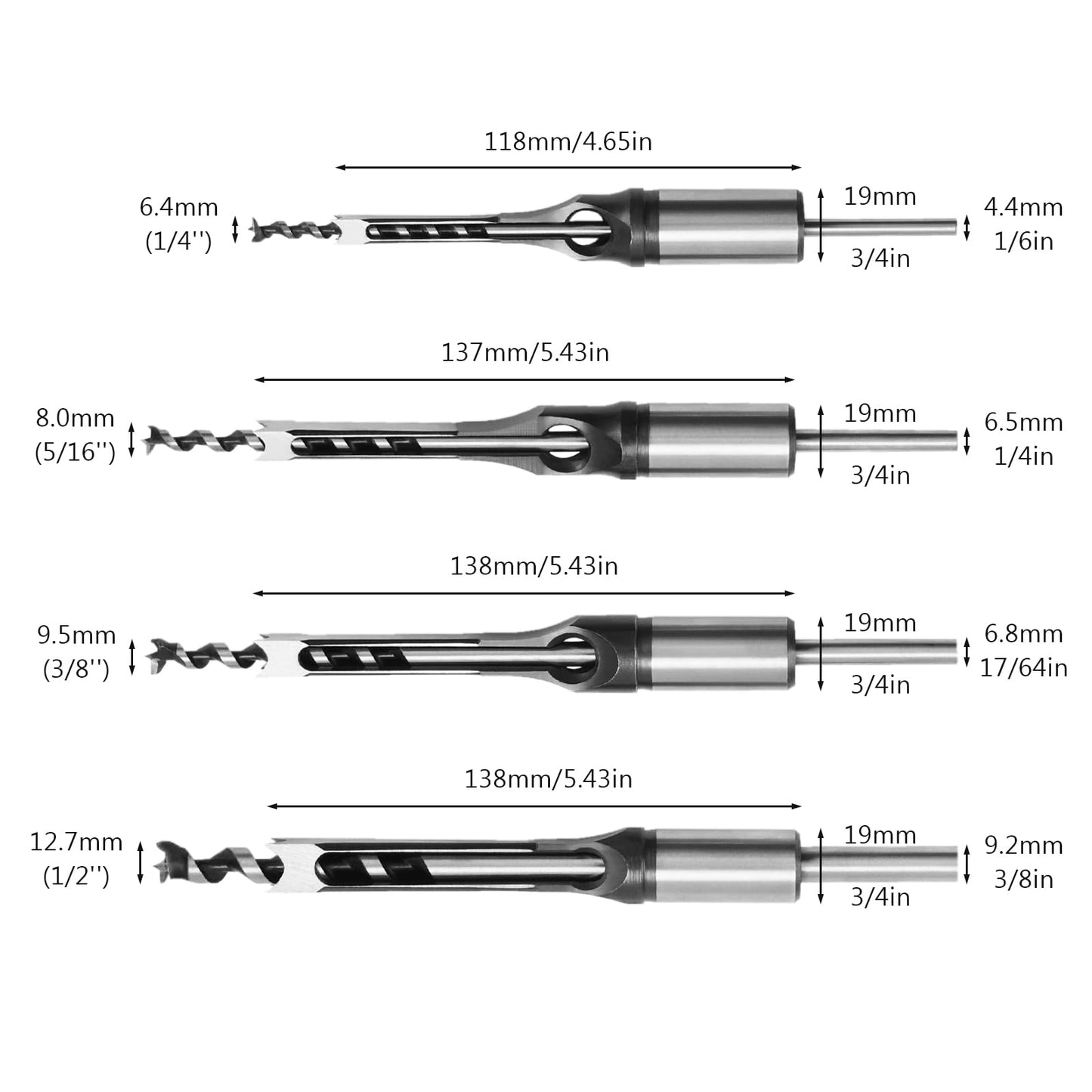 4-Piece Mortise Chisel Set 1/4–1/2" Hollow Chisel Drill Bits for Wood Mortising, Mortise & Tenon, Mortiser Tools