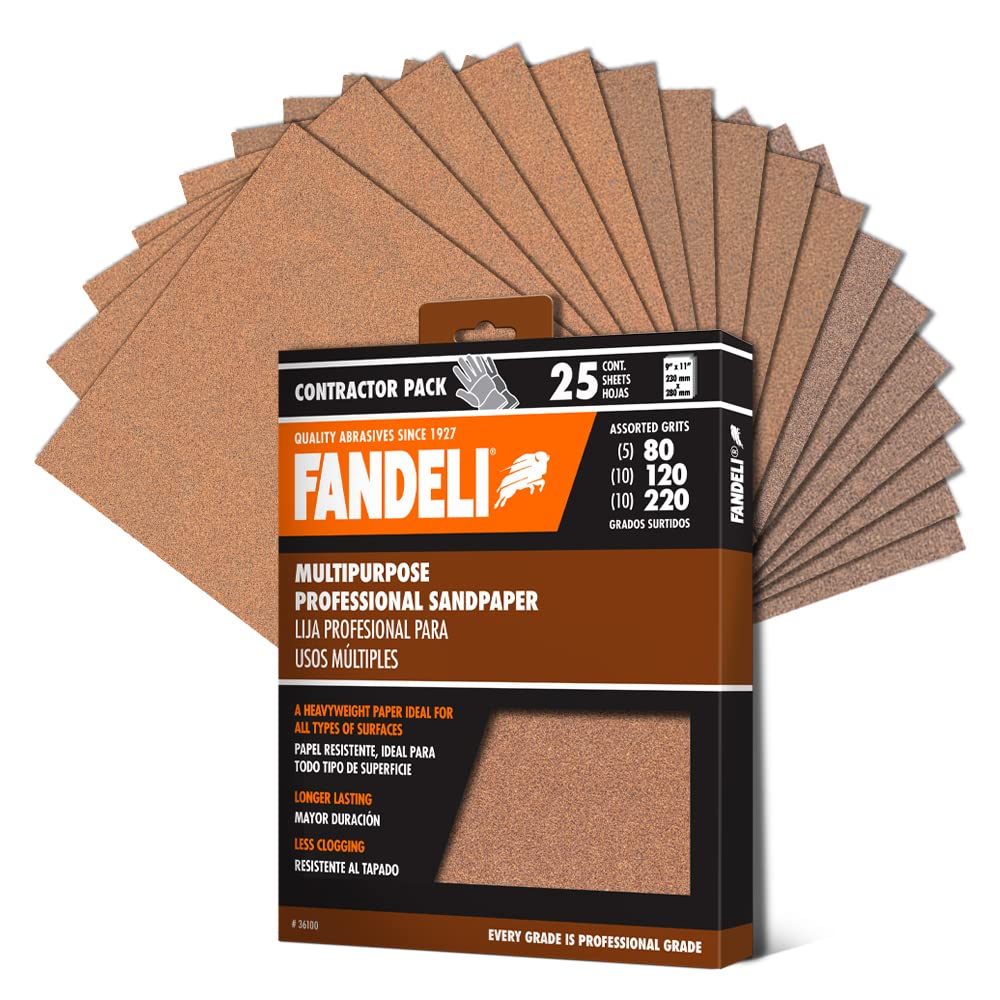 Fandeli Multi-Purpose Sanding Paper, 25 Sheets 9"x11", Assorted Grits 80/120/220, Ideal for Wood & Metal, Hand or Orbital Sanding