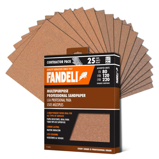 Fandeli Multi-Purpose Sanding Paper, 25 Sheets 9"x11", Assorted Grits 80/120/220, Ideal for Wood & Metal, Hand or Orbital Sanding