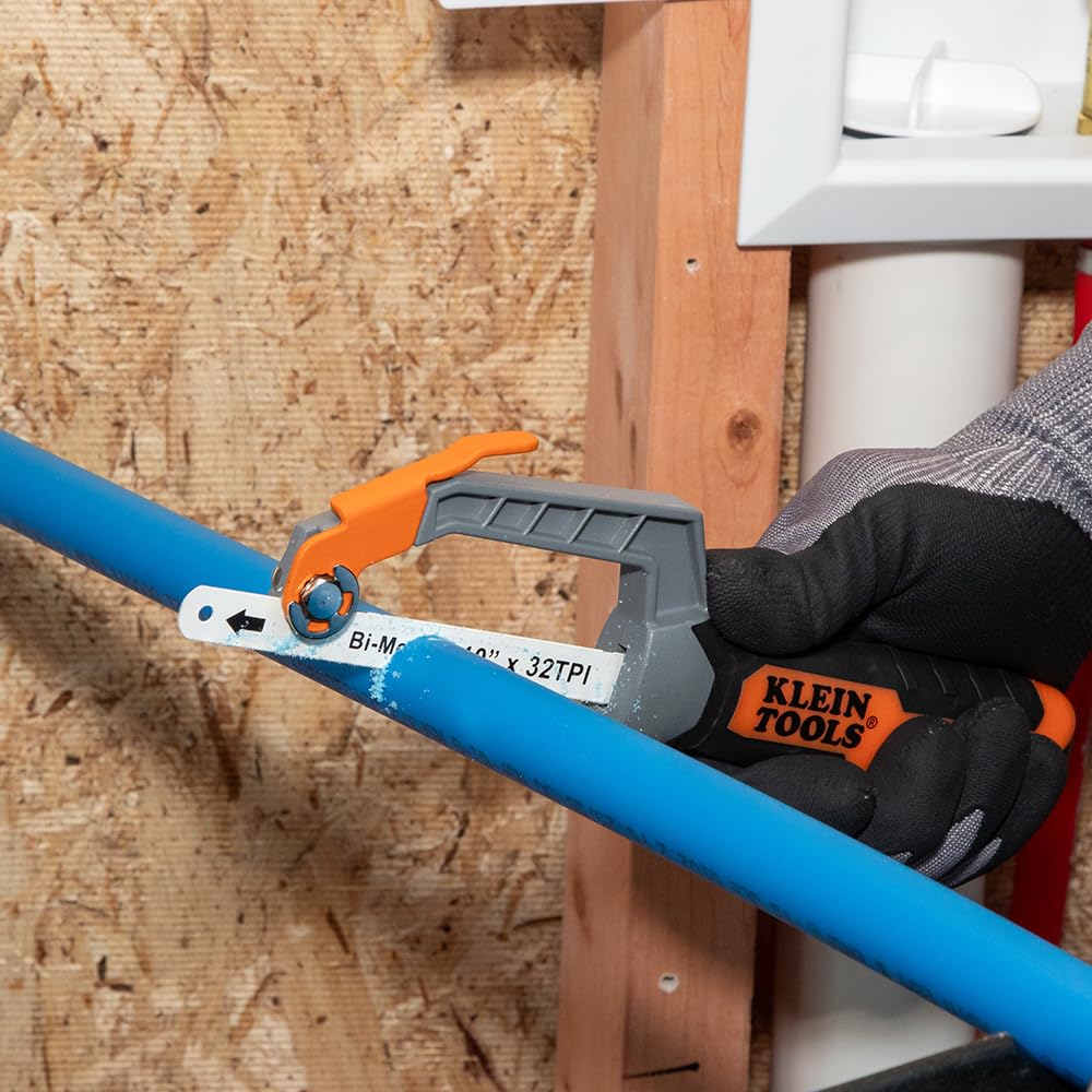 Klein Tools 31432FC Mini Finish-Cut Hacksaw, 10-Inch 32 TPI Bi-Metal Blade Hand Saw, Cuts Plastic, Wood, and Thin-Wall Metal in Tight Spaces