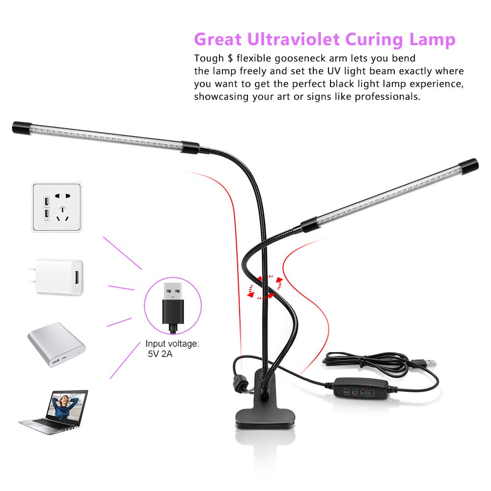 YGS-Tech 20W Dual Head LED Black Light, 395-405nm UV Gooseneck Lamp with Clamp, USB Powered for Party, Stage, Resin, 3D Print