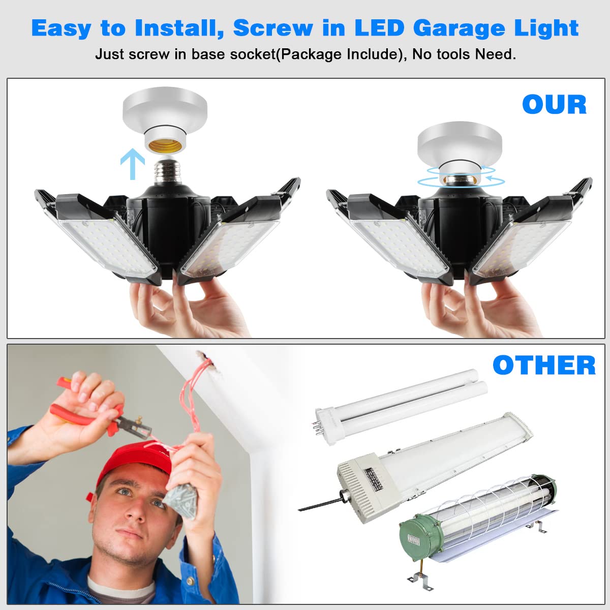 POLARPRA 2-Pack 32000LM LED Garage Ceiling Lights, 6500K, 6 Deformable Panels, E26/E27, Super Bright for Workshop & Storage