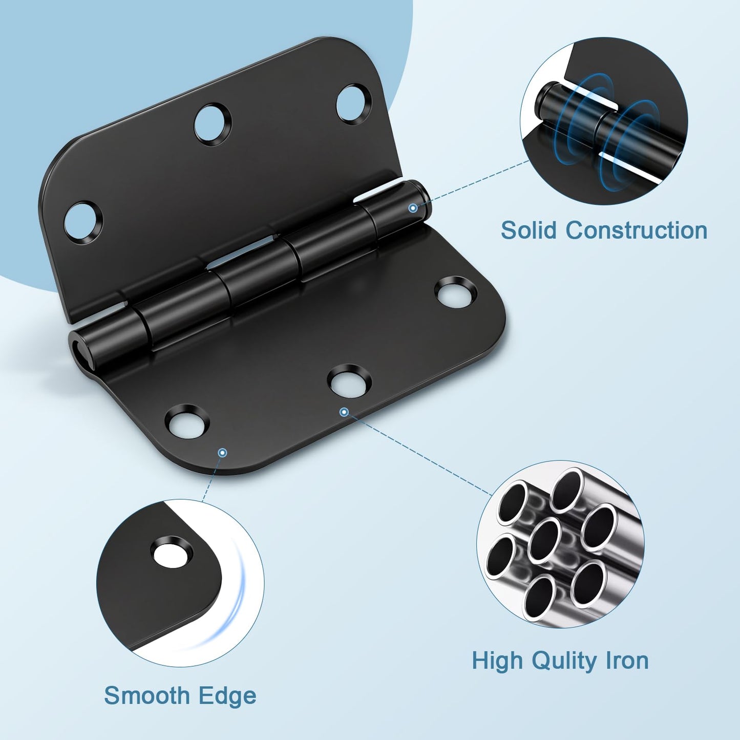 KNOBWELL 3 Pack Matte Black Door Hinges No Squeak 3.5" x 3.5" Heavy Duty Door Hinge with Black Finish, Interior Door Hinges, 5/8" Radius Corners