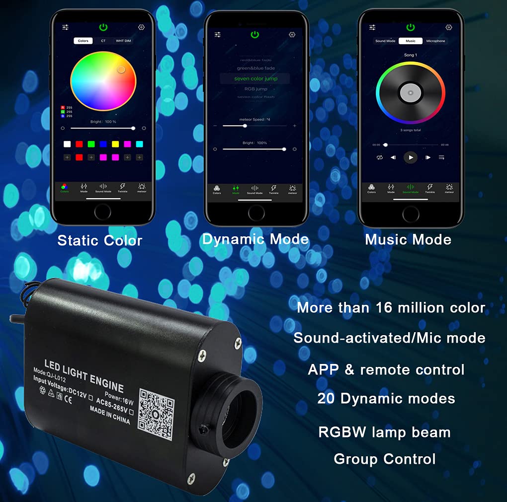 AZIMOM 16W Sound-Activated Fiber Optic Starlight Kit, 300pcs 6.5ft, Music Mode, Remote & APP Control for Car & Home Ceiling Decor